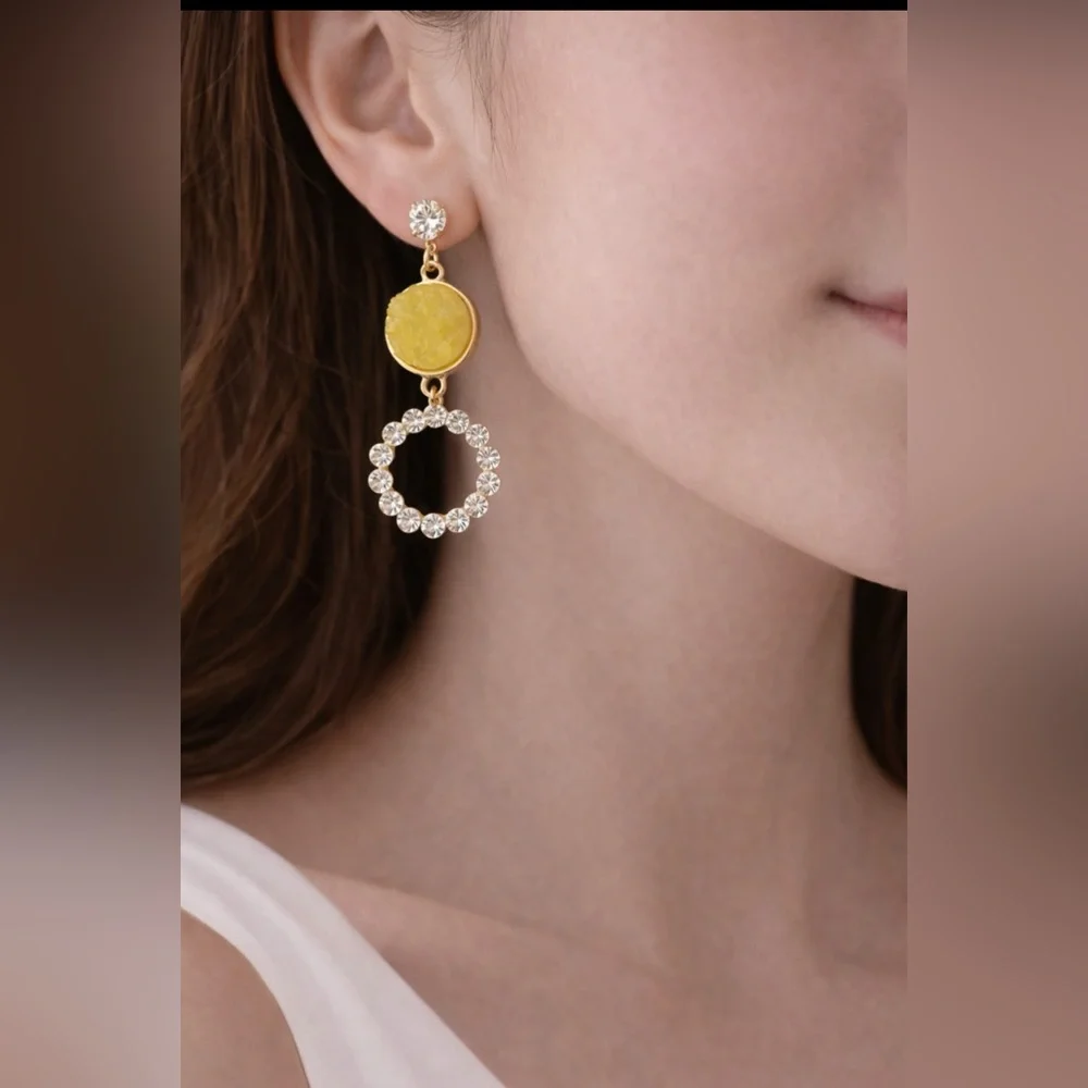 Pastel Faux Yellow Stone Crystal Gold Rhinestone Earrings Dangle Drop Party NEW